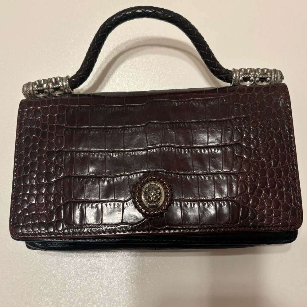 Vintage Brighton Croc Embossed Leather Brown Top Handle Small Bag